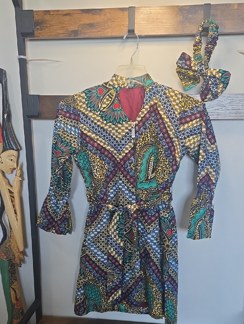 Colorful Geometric & Paisley Print Wrap Dress with Turban